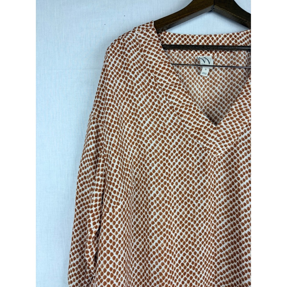 Worthington Womens Brown White Dot V-Neck Roll Tab Sleeve Blouse Top 1X - Picture 3 of 15